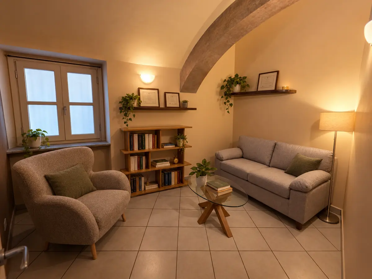 Lo studio di Andrea Fabiano a Rivoli: poltrona, divano, libreria e luce calda